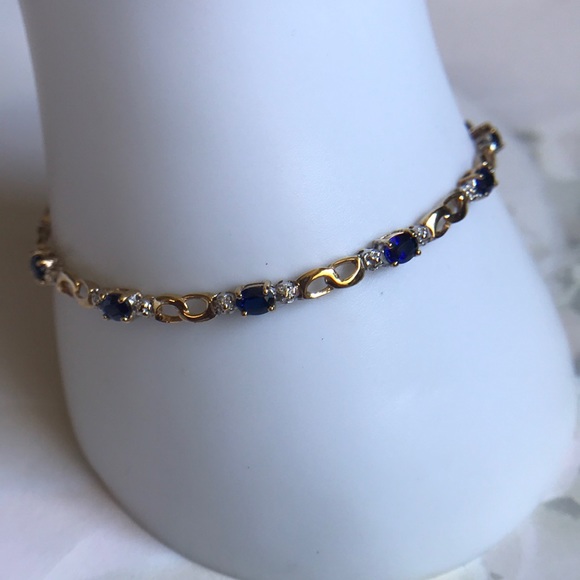 Beautiful Solid 10K Yellow Gold Blue Lab Sapphires/2 Diamonds Tennis Bracelet. - Picture 3 of 14